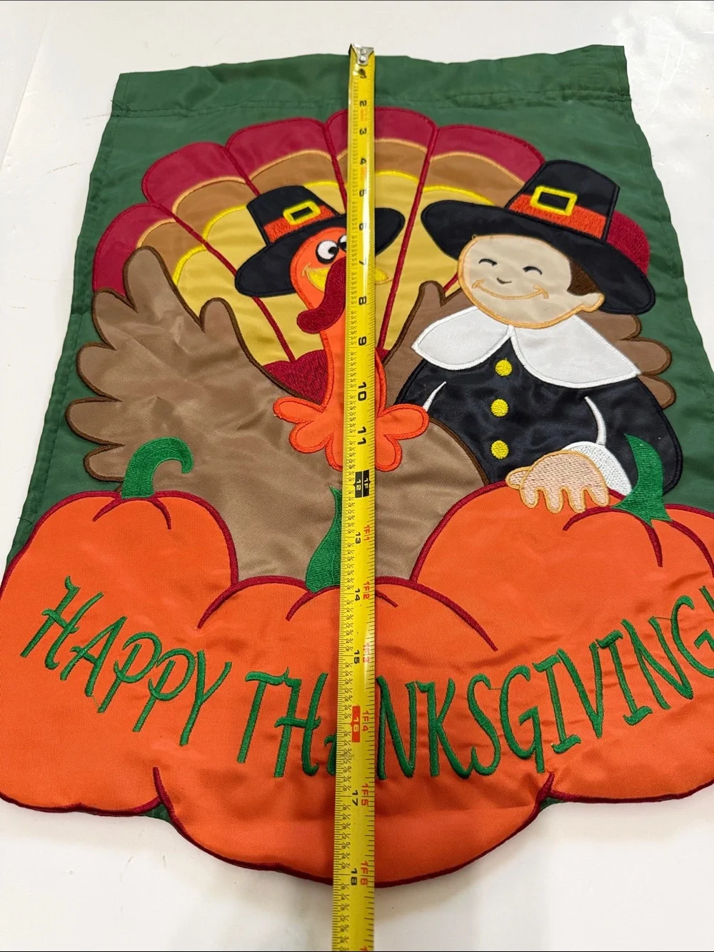 Happy Thanksgiving Garden Flag - Green Background with Orange Pumpkins